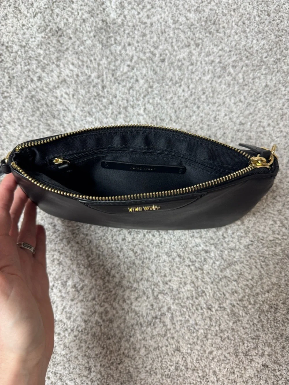 Nine West Black Vegan Leather Wristlet Clutch Bag Gold Hardware Minimalist Chic